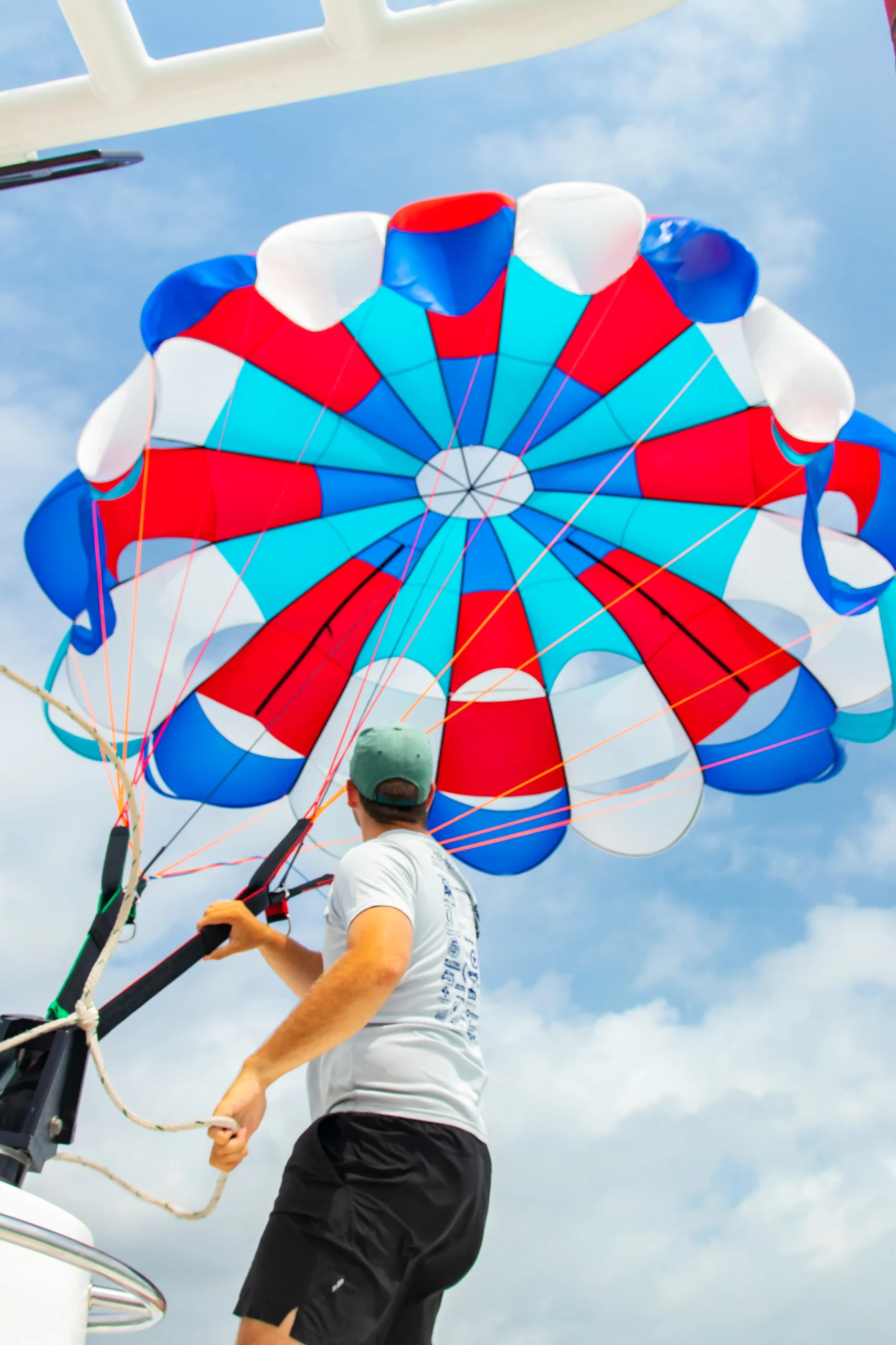 girls fly with us in Parasailing with hand gestures